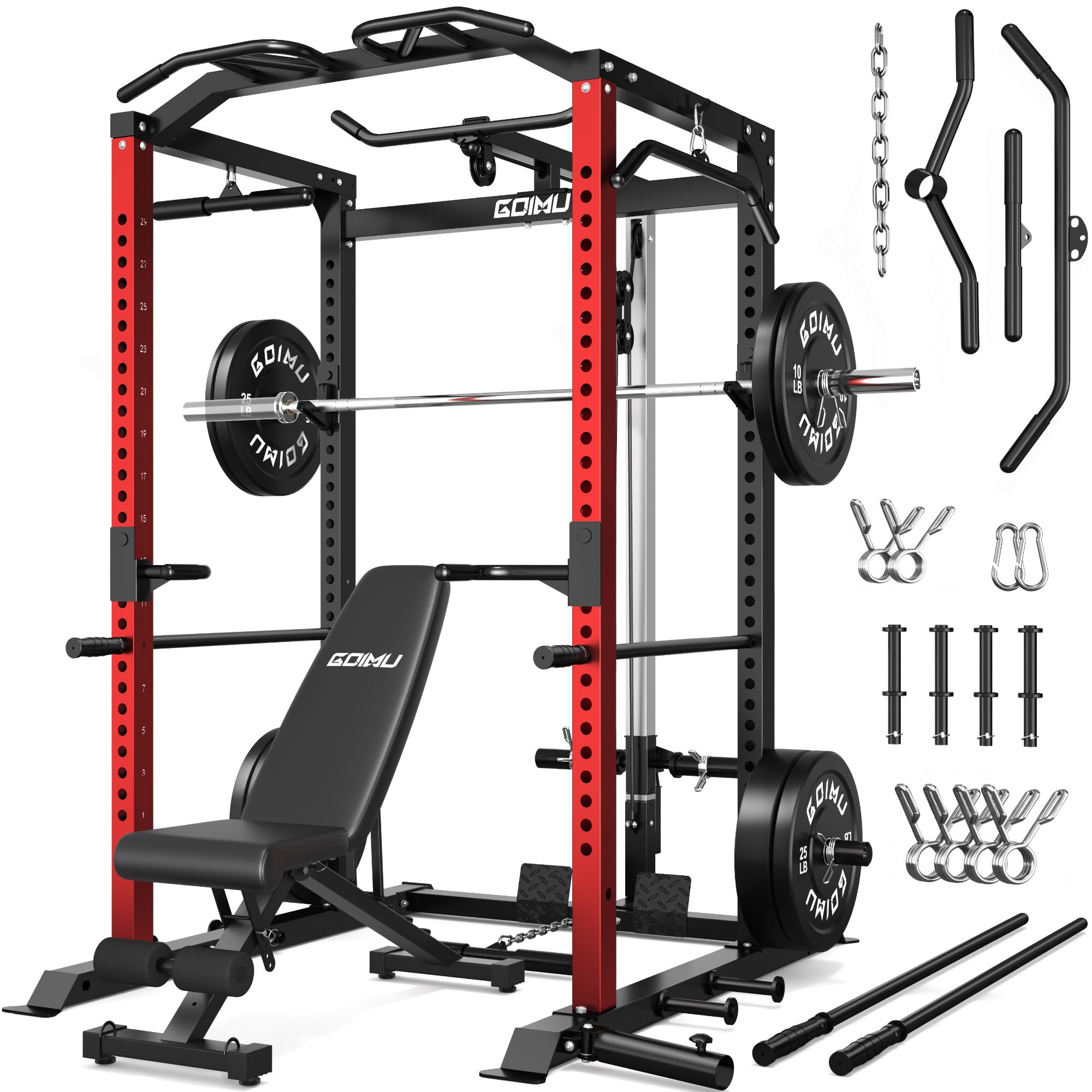 C1-V4 Power Cage, 2000LBS Squat Rack with LAT Pulldown, Multi-Function Weight Cage Strength Training Machine, Workout Cage with More Attachments for Home Gym Garage
