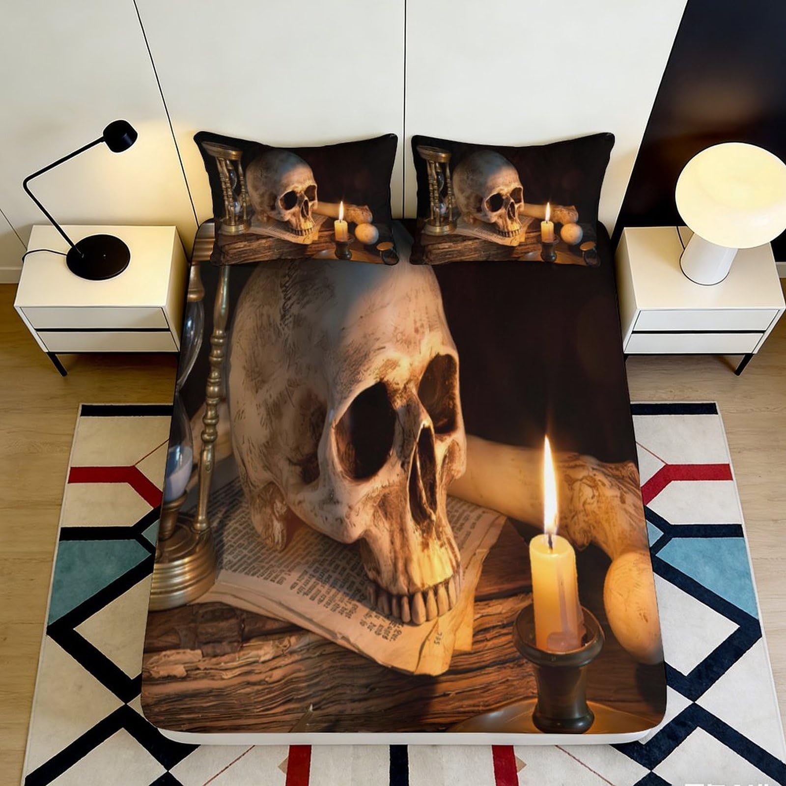 3D Printed Skull Candle Fitted Sheet Microfiber Deep Pocket Elastic Hem Skull Mattress Fitted Cover for Bedroom Dorm 160x200x25cm
