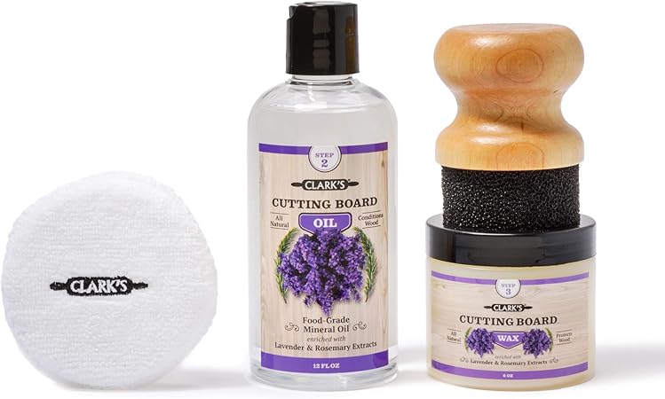 Clark S Chopping Board Finishing Kit Wood Care Chopping Board With Lemon And Orange Oil Fragrance Clark S Chopping Board Oil 354 Ml Wax Chopping Board Set 178 Ml With Applicator And Polishing Pad Amazon De Home Kitchen