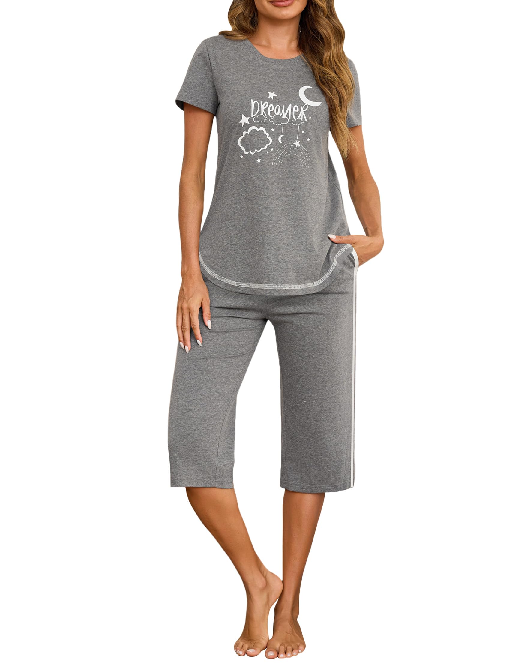 Terecey Schlafanzug Damen Kurzarm Pyjama Set Baumwolle Nachtwäsche Pyjamahose Sommer Kurz Freizeitanzug Hausanzug Weich Bequem Sleepwear und 3/4 Schlafhose S-XXL