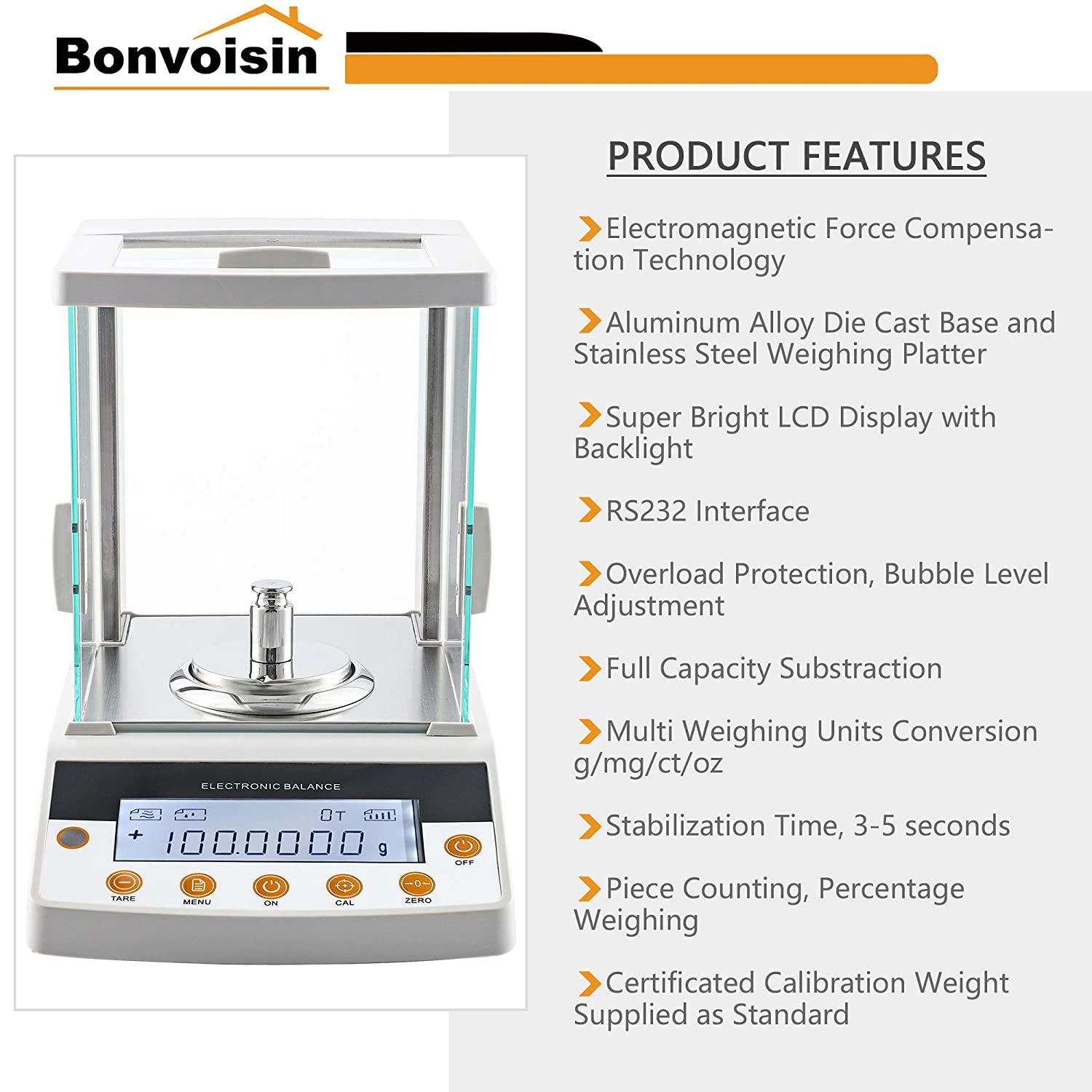 Bonvoisin Analytische Waage 100-300gx1mg Pr?zisionslaborwaage 0.001g Digitale Analysenwaage RS232-Schnittstelle Labor Elektronische Waage LCD-Anzeige mit Windschutzscheibe (220g, 0.1mg)