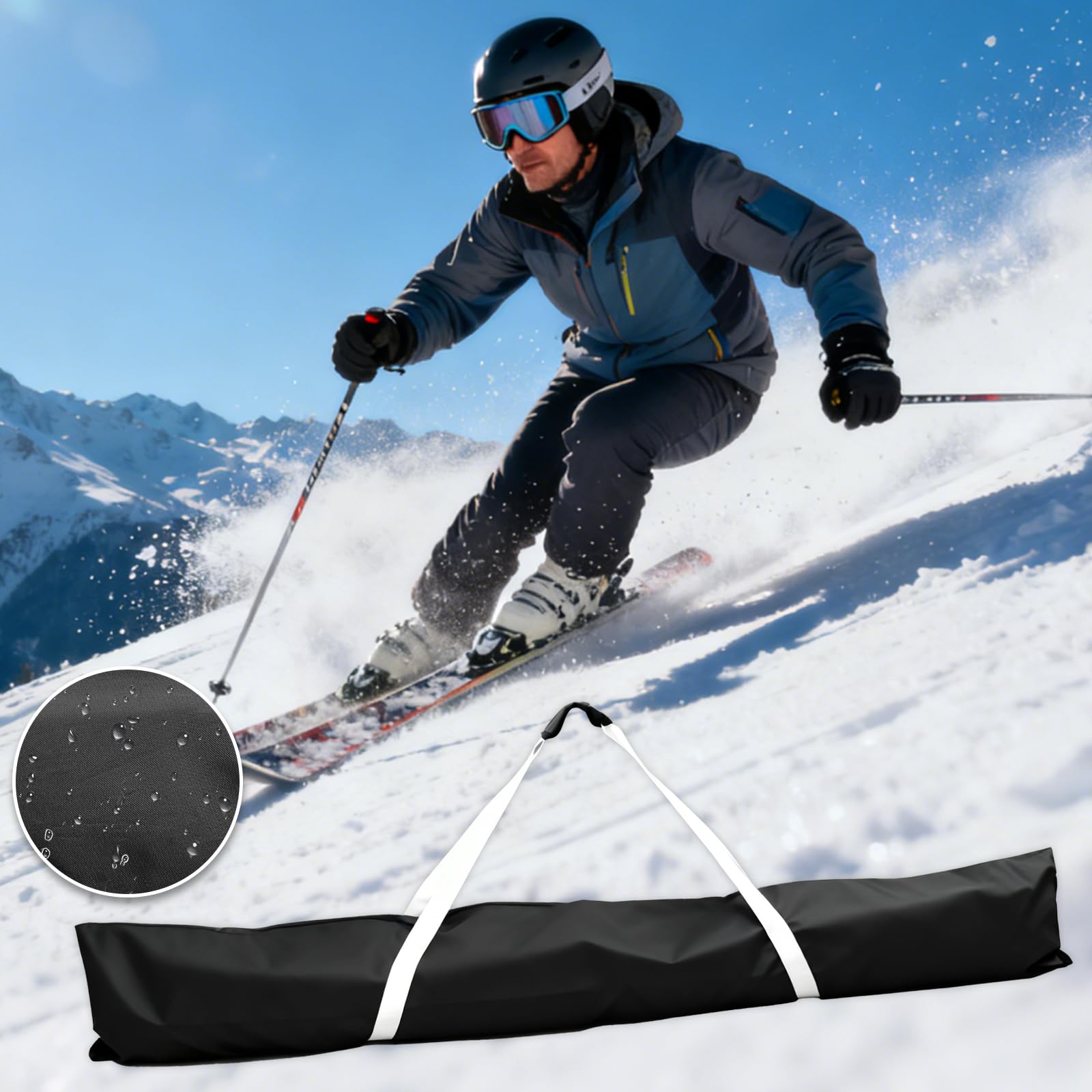 Sac de ski robuste pour 1 paire de skis, snowboard, 185 x 33 cm