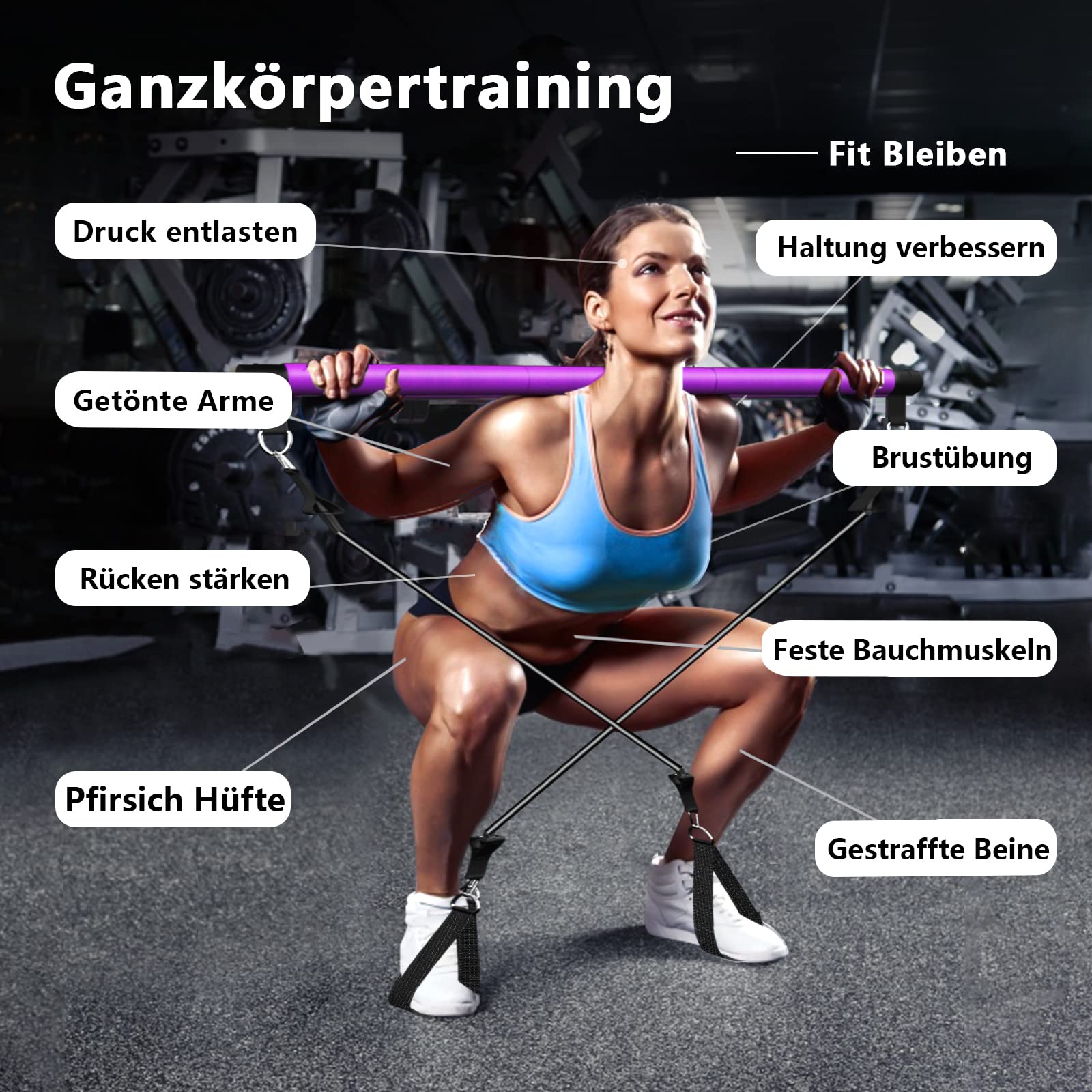 Pilates bar Set, Einstellbarer Pilates Bar mit 4 Resistances Bands（40 LBSx2、50LBSx2） Schaumstoffgriff und Türanker. tragbare fitnessgeräte für zuhause, für Yoga, Stretch, Formen. (violett)