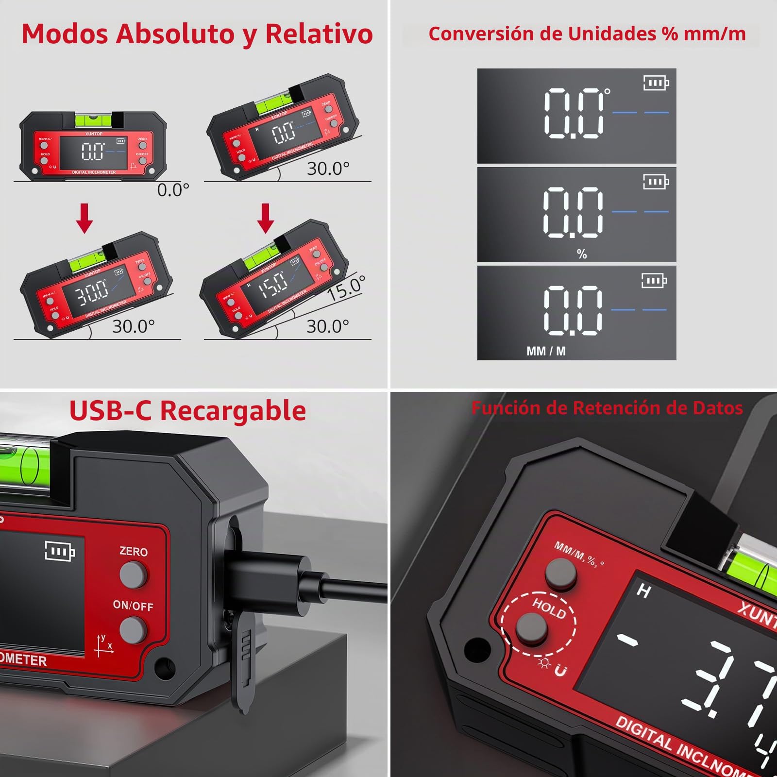 XUNTOP Inclinometro Digital de Doble Eje Eje X 4×90°/ Eje Y ±60° Transportador Digital con Nivel de burbuja Buscador de Ángulo Recargable con Imanes en 2 Lados para Carpintería Construcción Bricolaje