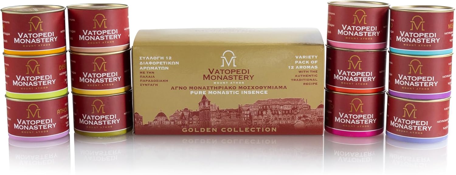 Pure Monastic Incense from Mount Athos with the Authentic Traditional Recipe 12x50g (Variety of 12 Scents), 600g, White, INCENSE-12X50GR