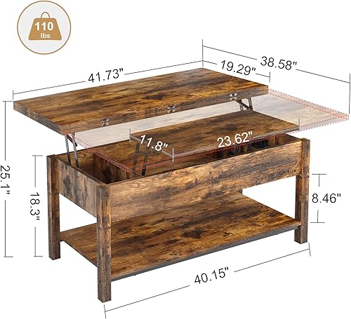 Miniatura 3 de FABATO Mesa de centro elevable, mesa auxiliar convertible multifunción 4 en 1 con almacenamiento, mesa de centro se convierte en mesa de comedor
