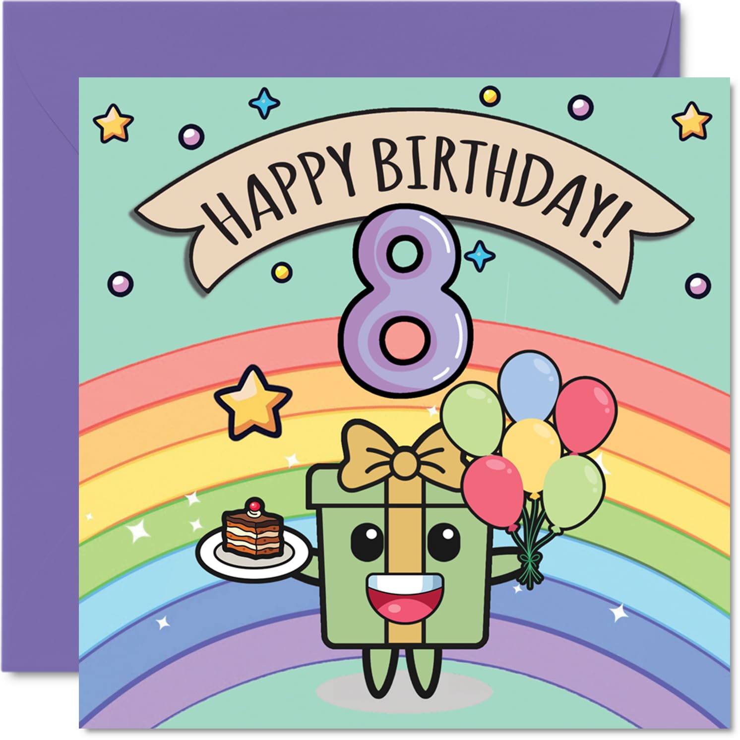 8th Birthday Card - Cute Rainbow Present Balloons Cake - Happy Birthday Cards for Age 8 Boys Girls Boy Girl, 145mm Bday Greeting Cards