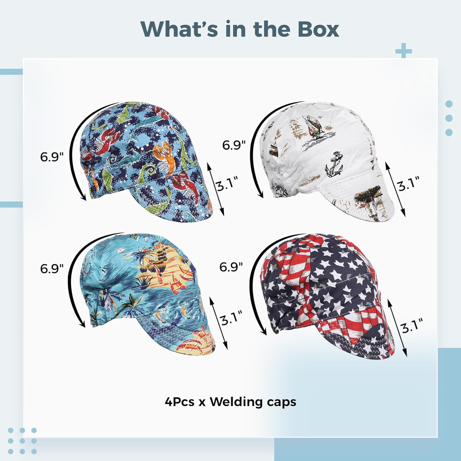 A box set of four welding caps with various designs.