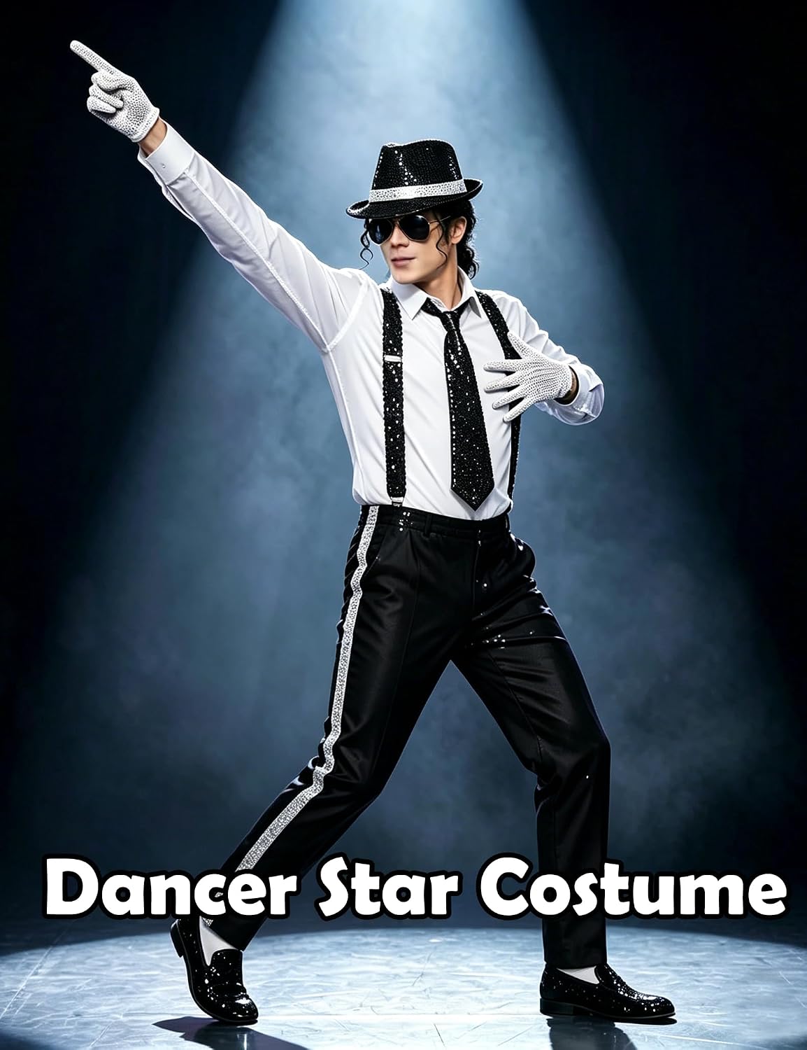 EIELO 70s 80s Disco Outfits Mens Pop Rockstar Stage Dance Costume Accessories Set MJ Wig Sequin Gloves Hat Sunglass Tie Strap for Cosplay 80s Party Halloween