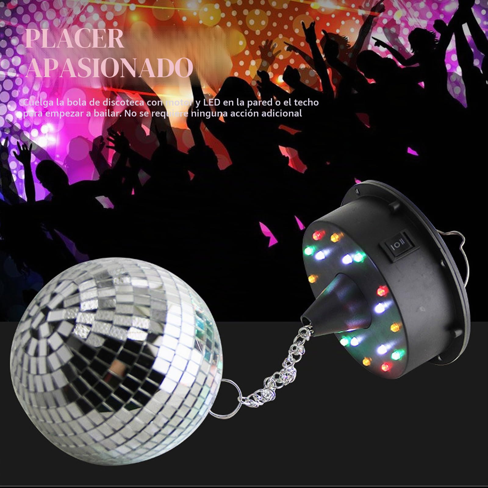 Bola de discoteca de 12 cm con motor y LED, bola de espejos giratoria con 18 perlas LED, alimentada por batería, bola de discoteca con anilla metálica, decoración de bola de discoteca para fiestas