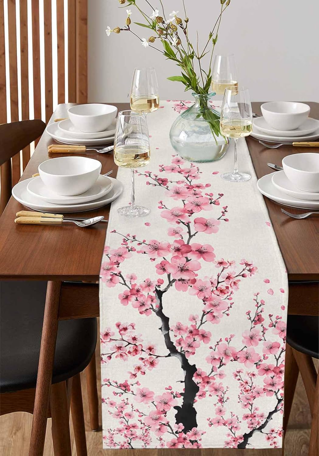 Cherry Blossom Table Runner 108 Inches Long Cotton Linen Kitchen Dinner Table Runners, Burlap Tablerunner for Dresser/Dining/Party/Wedding Pink Asian Japanese Burlap Beige