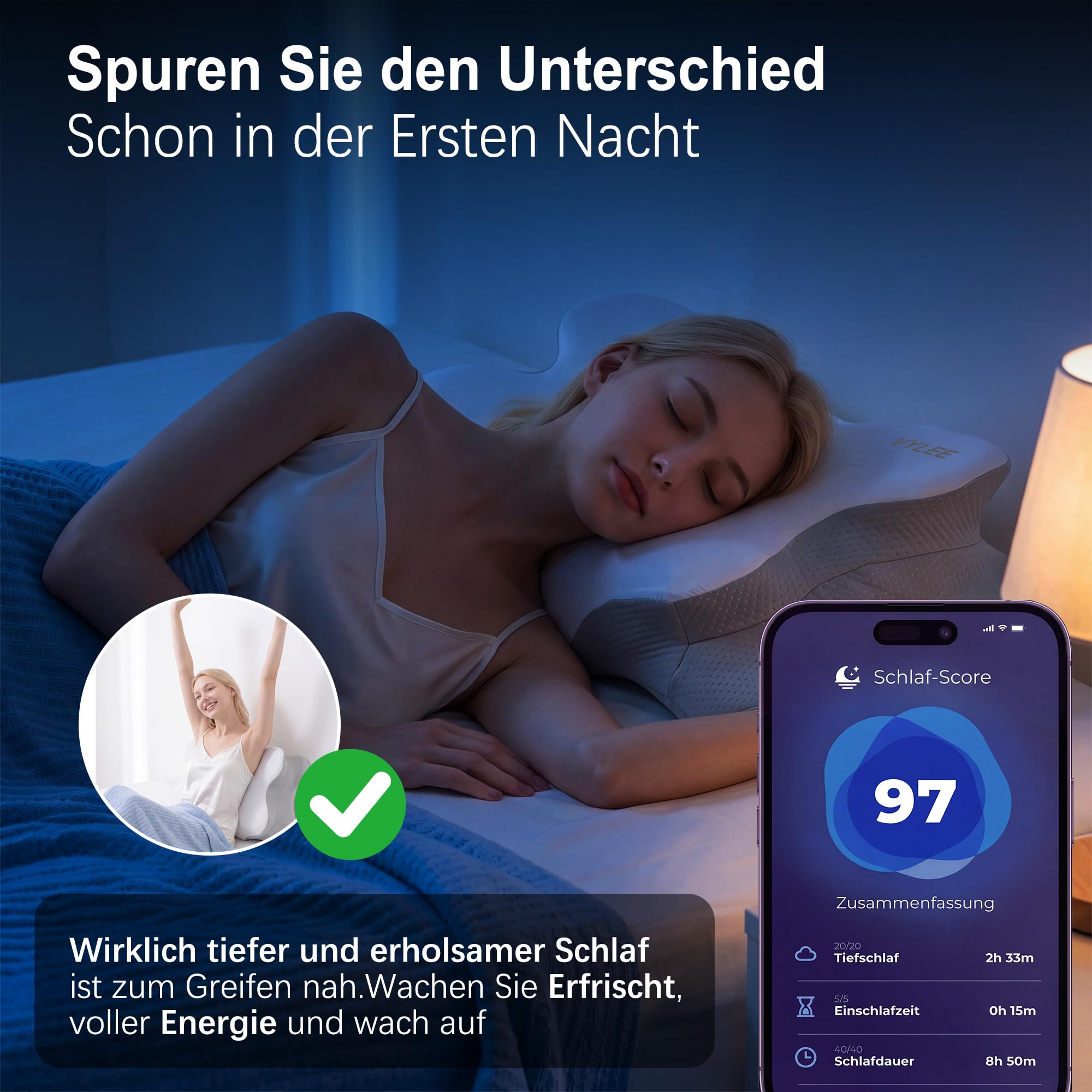 VYLEE Ergonomisches Nackenkissen Memory Foam Kopfkissen für Rücken-, Seiten- und Bauchschläfer, Schlafkissen für Nacken- und Schulterschmerzen (Grau)