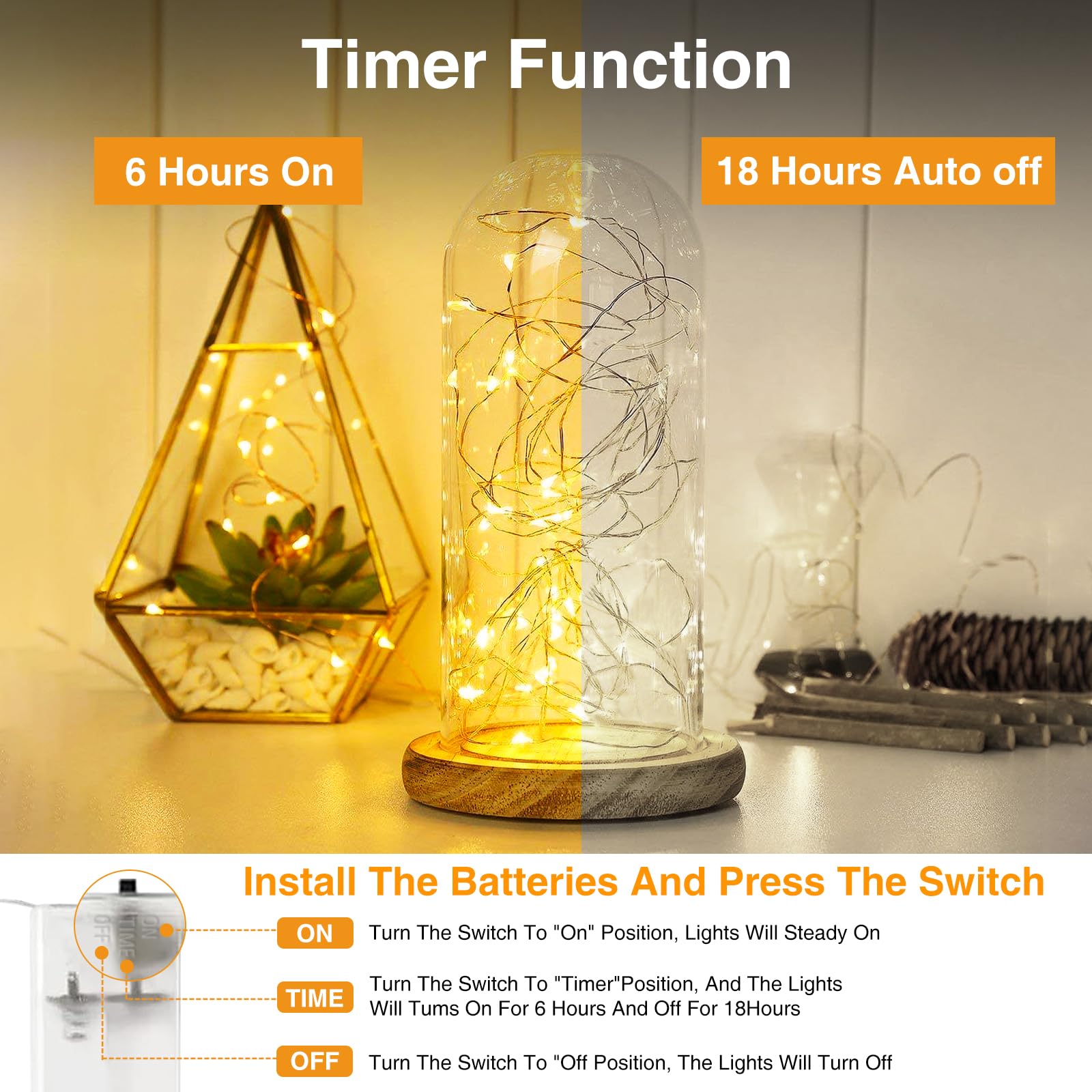 【Paquete de 10】Guirnalda de luces que funcionan con pilas con temporizador, cadena de 20 luces LED de 7 pies, impermeable, alambre plateado, luces parpadeantes para dormitorio, Navidad, boda