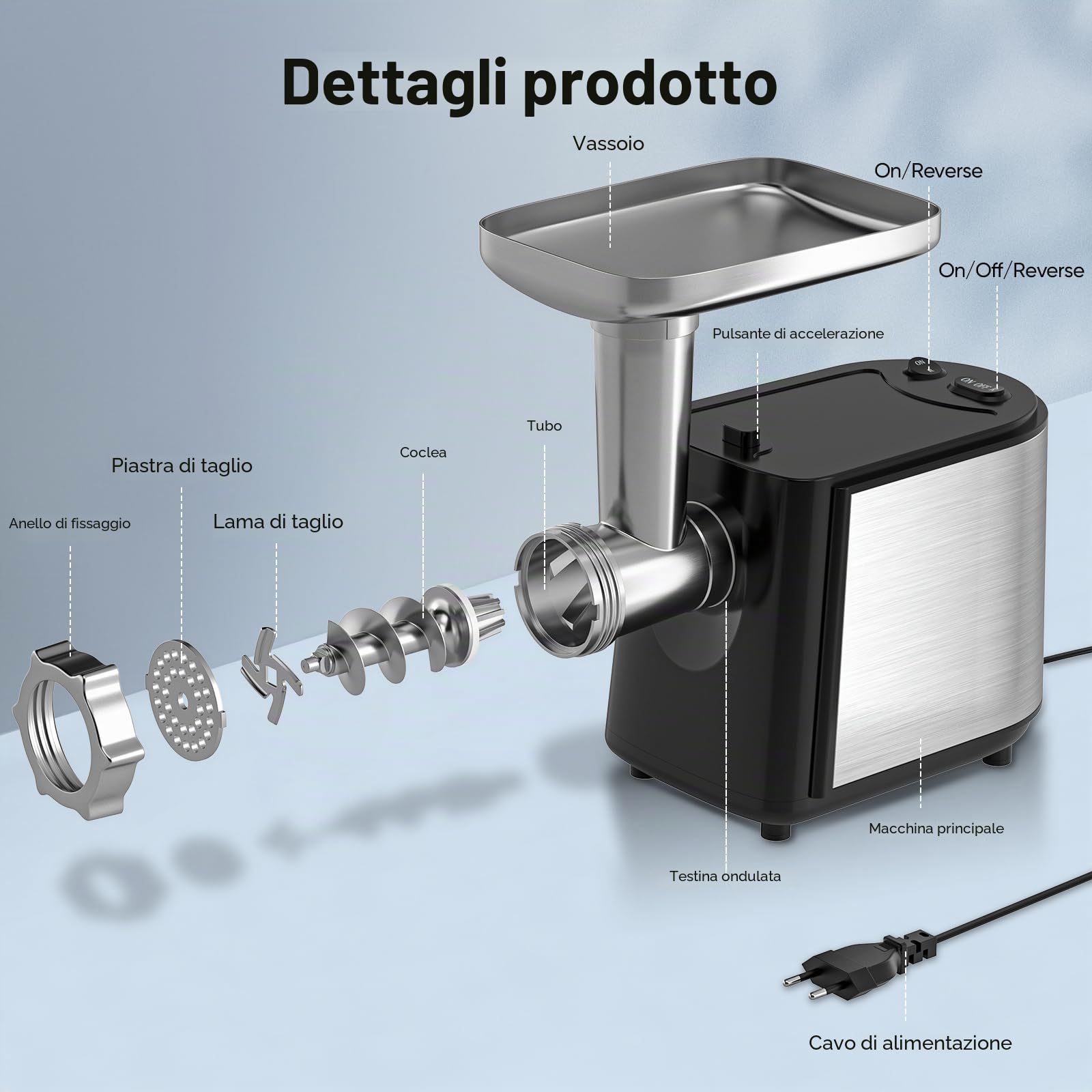 Tritacarne elettrico da 2000 W 5 in 1 - Insaccatrice professionale, tritatutto per verdure, grattugia per insalata e formaggio con 8 accessori, materiale di qualità alimentare per la cucina di casa