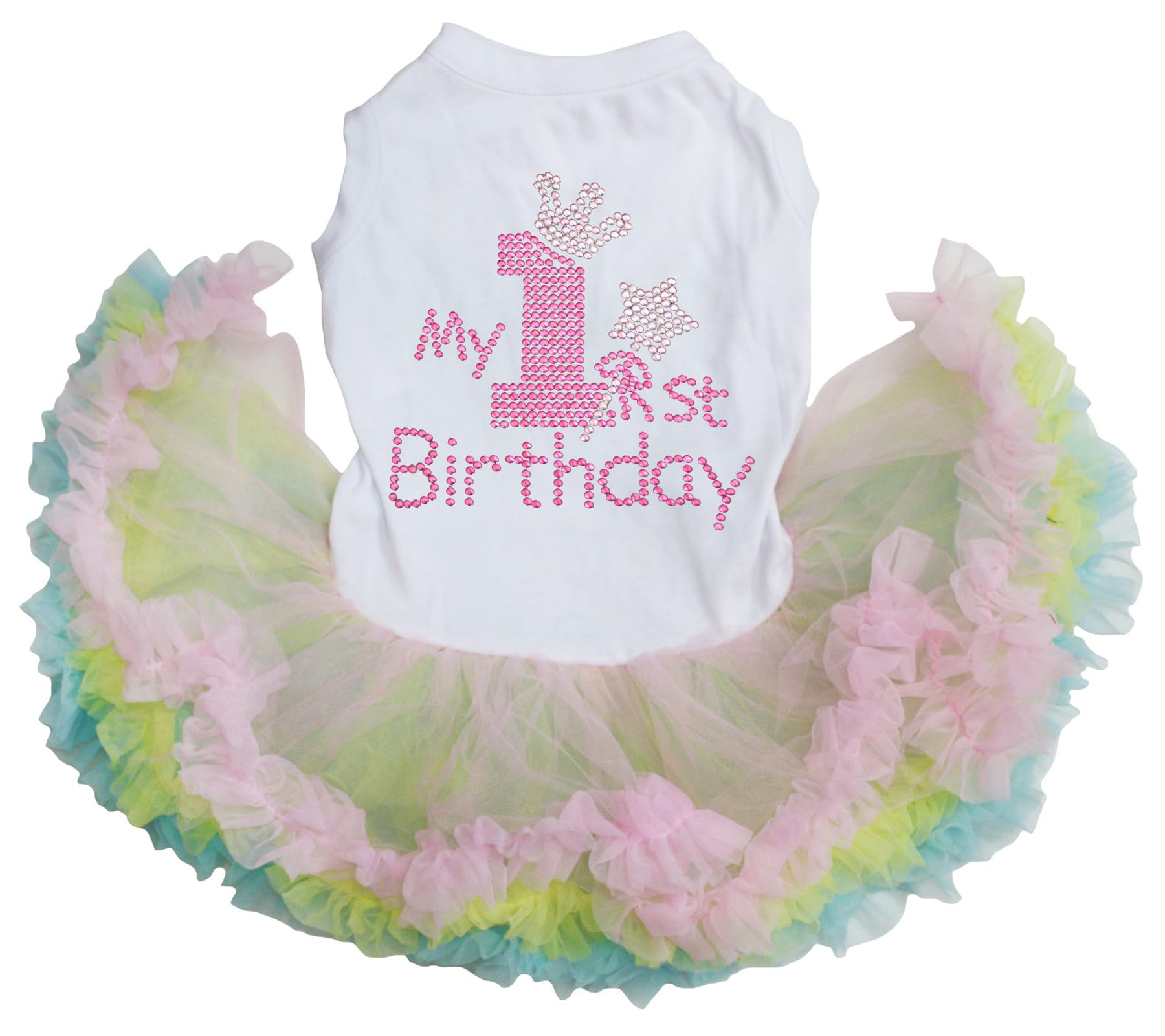Petitebella Pink Rhinestones My 1st Birthday Puppy Dog Dress (White/Rainbow, XX-Large)