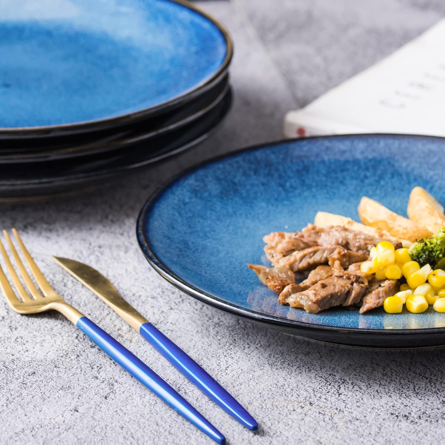 UNICASA Ceramic Dessert Plate Set of 4, 8 Inch Reactive Plates for Appetizer, Snack, Salad, Serving Dish, Microwave & Dishwasher Safe, Scratch Resistant, Blue