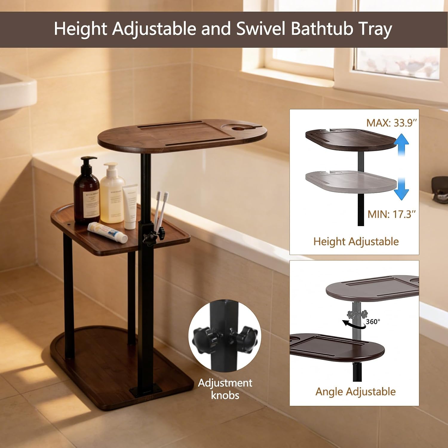 3 Layer Bathtub Tray Table,Bamboo Swivel Bathtub Side Table Height Adjustable,Freestanding Bathtub Tray for Tub Against Wall,Bathtub Accessories&Bathroom Organizer for Luxury Home Spa (Brown) image 4