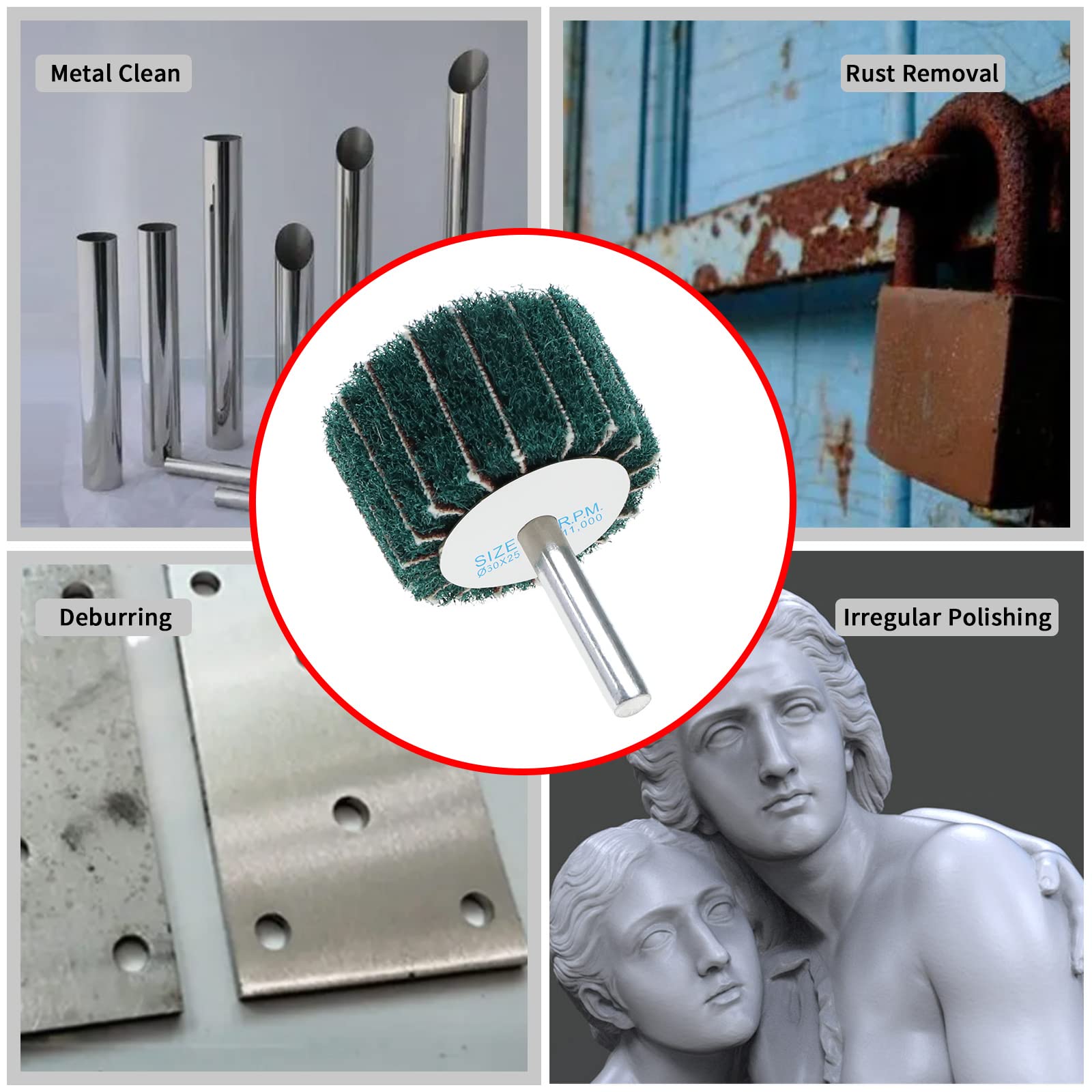 Produktbild von 5 Vliesschleifscheiben 120er Körnung – 6 Mm Schaft, Größen 25-60 Mm, Nylonfaser – Ideal Zum Entgraten & Polieren Von Metall & Holz