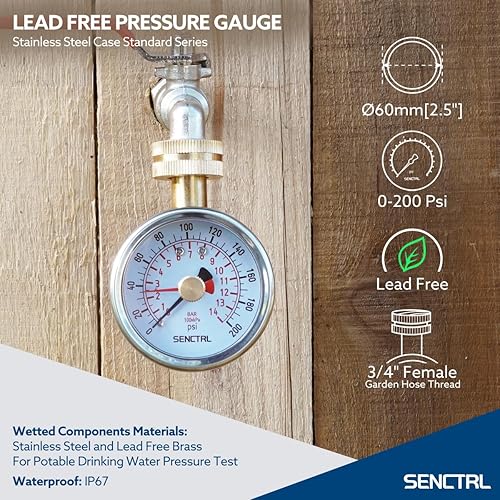 Miniatura 10 de SENCTRL Medidor de presión de agua de 0-200 psi, sin plomo, antiniebla, impermeable, tamaño de dial de 2.5 pulgadas, rosca de manguera de jardín