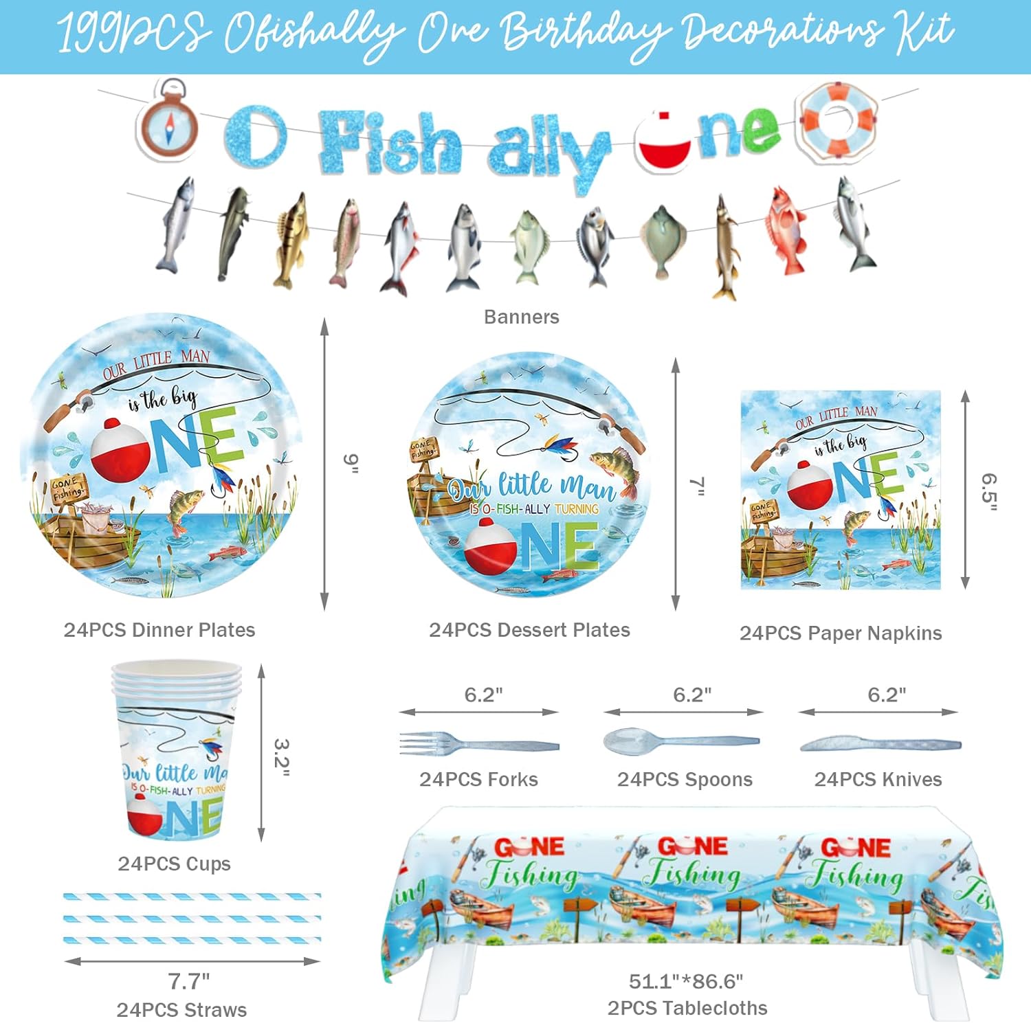 Ofishally One Birthday Decorations, 196 PCs - Gone Fishing 1st Birthday Party Supplies, Fish Banner Tablecloth Tableware with Plates Napkins Cups Cutlery for O Fishally One First Supplies - Image 2