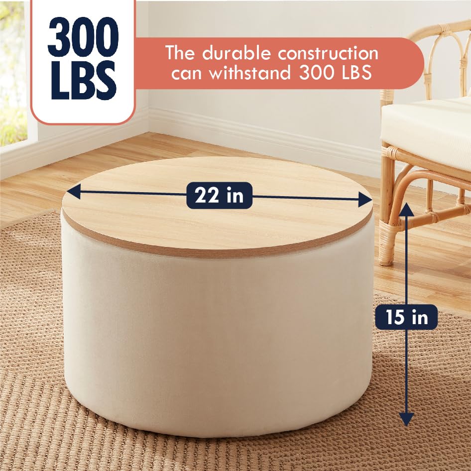 Ornavo Home 22 inch Large Round Ottoman Coffee Table Storage Ottoman with Wooden Lift Off Lid, Ottoman with Storage for Living Room, Bedroom and Office, Velvet Cream