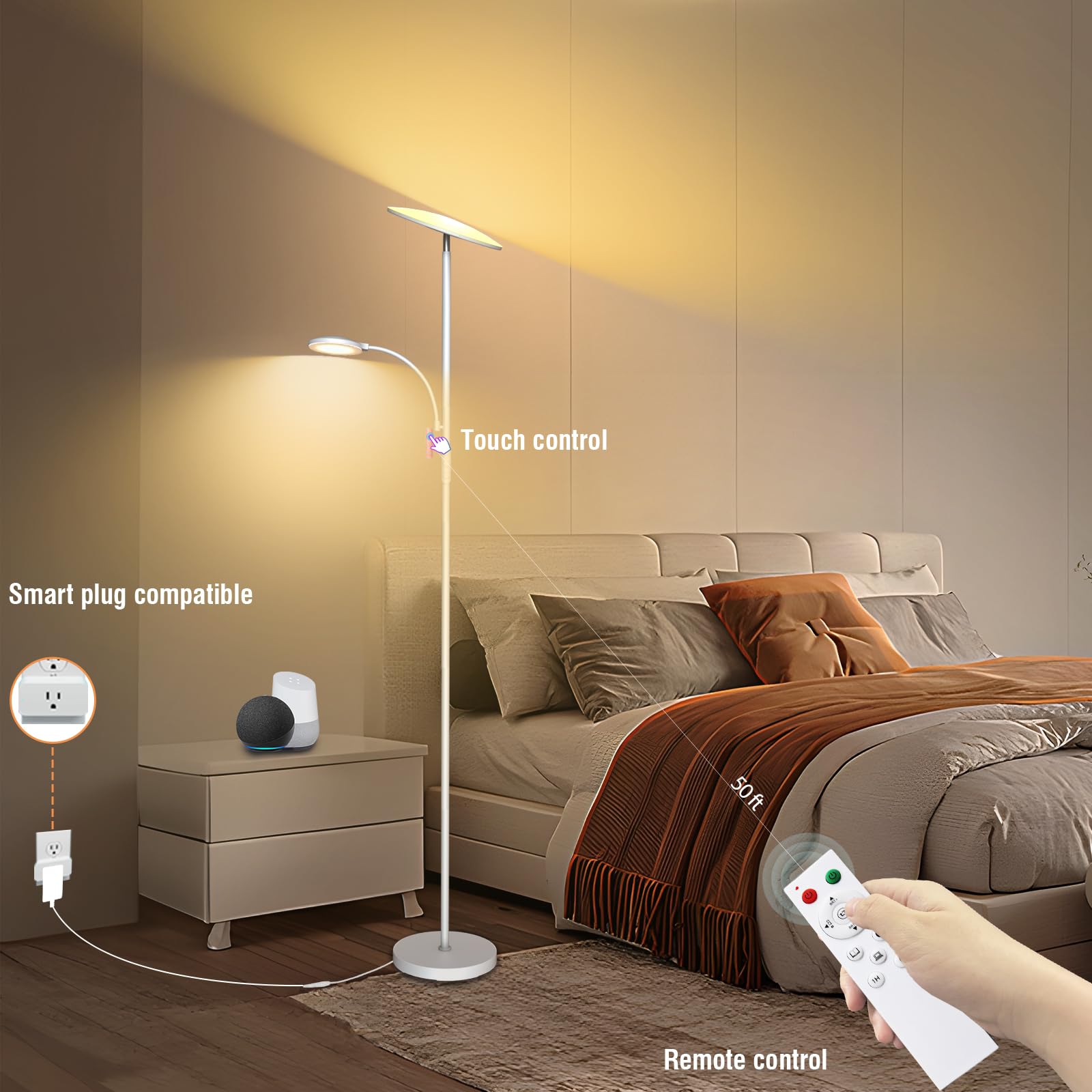 Weiß - Lampada da terra a LED, 44 W, 4500 lm, super luminosa, da soggiorno, dimmerabile, 2700 K-6500 K, da lettura, con telecomando e controllo tattile