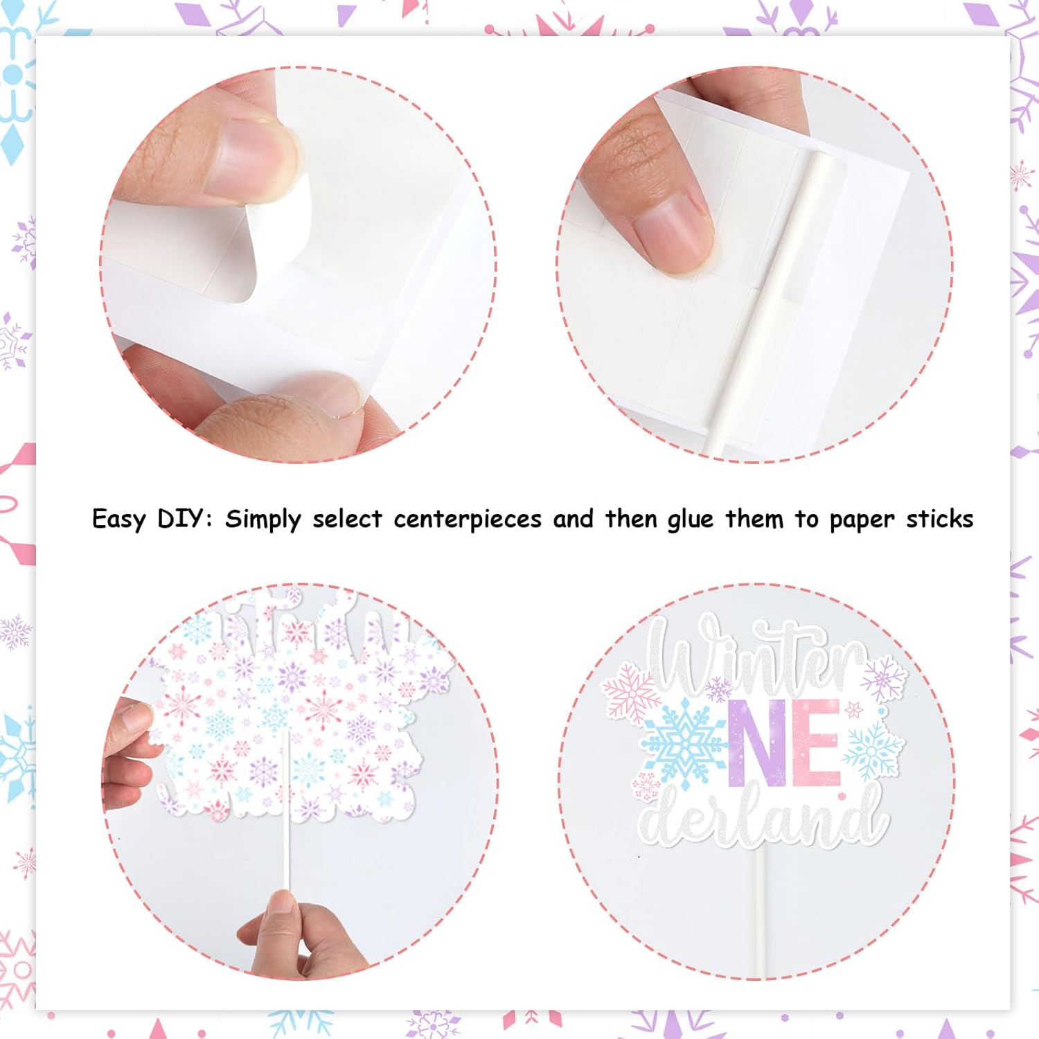 JOYMEMO 24 Pieces Snowflake 1st Birthday Centerpiece Sticks, Winter Onederland First Birthday Party Decorations Snowflake Table Toppers, One Year Old Girl Birthday Party Supplies