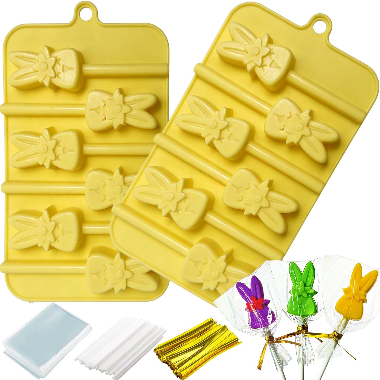 Easter Candy Molds, 2 Pack Easter Lollipop Molds Silicone Bunny Lollipop Molds with 300 Sticks, Bags & Twist Ties, Rabbit Sucker Molds Hard Candy Mold Easter Cake Pop Molds for Chocolate Candy Making