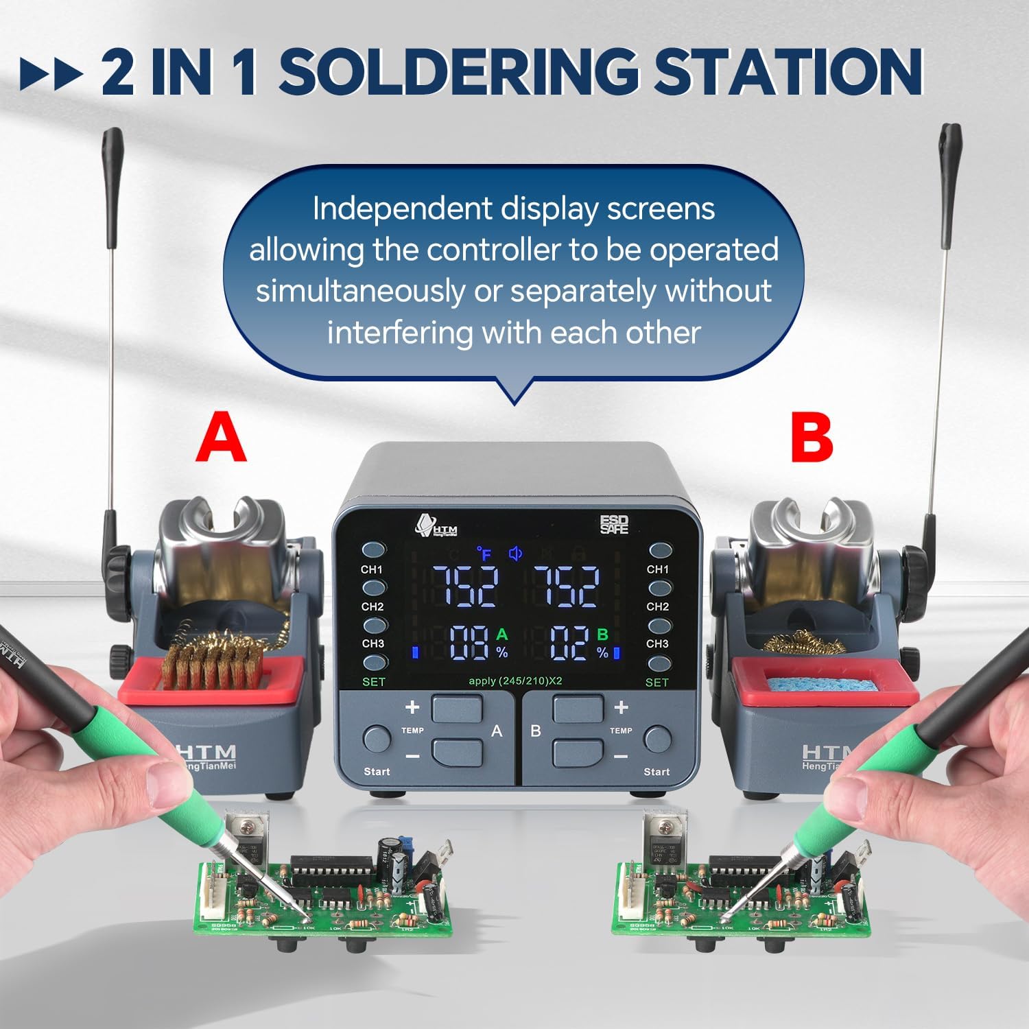 HengTianMei 2- in-1 Soldering Iron Station Kit 240W, Digital Soldering Station with PID Temperature Control (212°F-842°F), 6 Tips, Sleep Mode, ℃/℉,3 Temperature Storage, for Electronics Repair