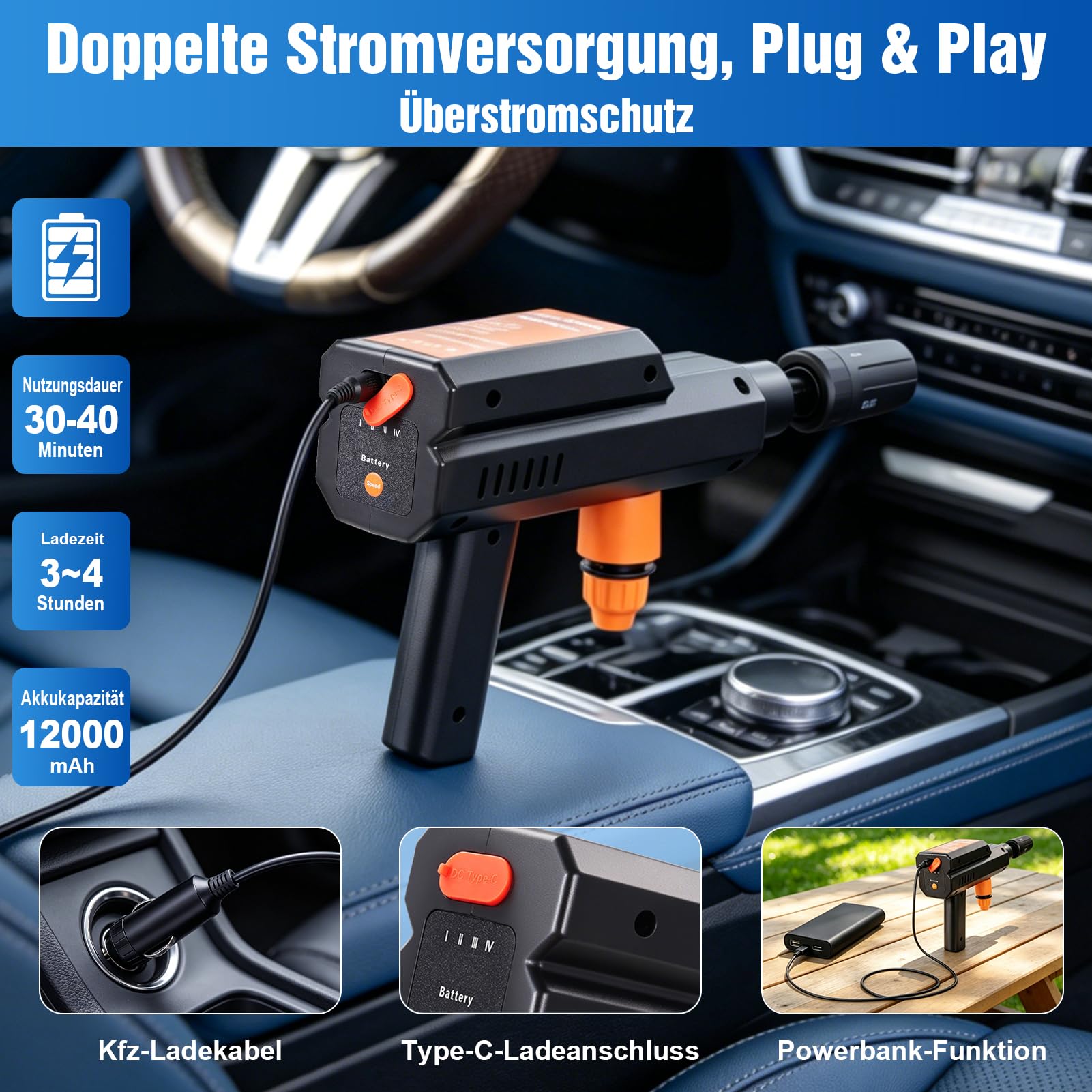 Hidrolimpiadora de Alta Presión, Hidrolimpiadora Inalámbrica 60 Bar/870PSI con 3 x 4000mah Baterías Recargables, Boquilla Hidrolimpiador de Bateria para Limpieza de Automóviles