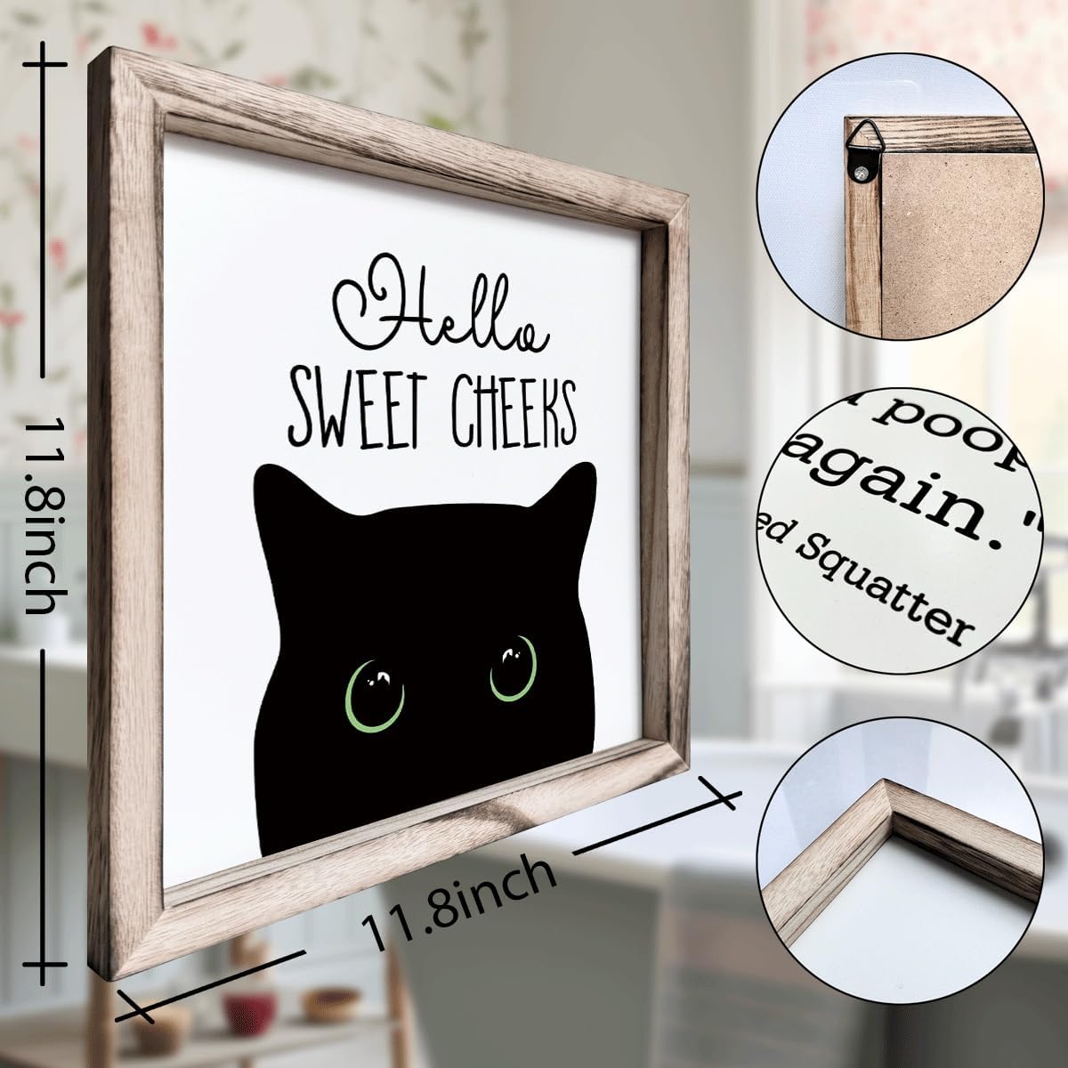 Hello Sweet Cheeks Green-Eyed Black Cat Wood Framed Bathroom Decor Sign image 2