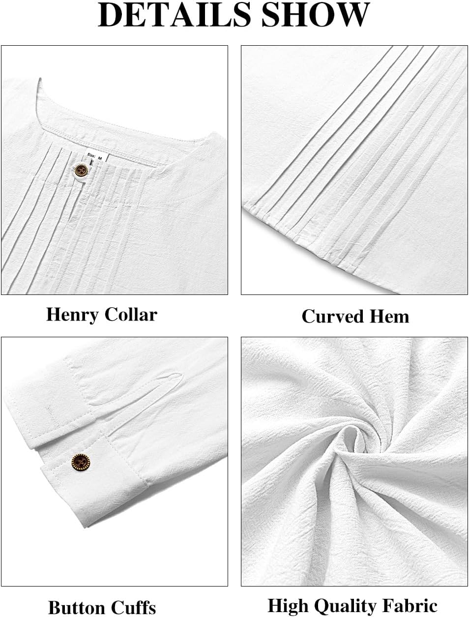 Men's Linen Shirts Casual Long Sleeve Pleated Front T-Shirt Button Henley Collared Loose Lightweight Pullover Top - Image 6