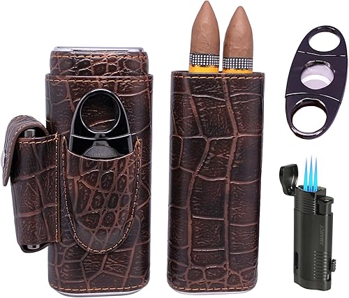 Miniatura 2 de AMANCY Práctico estuche de cuero para puros con práctica bolsa de encendedor incorporada, humidor de cigarros pequeño portátil con encendedor y