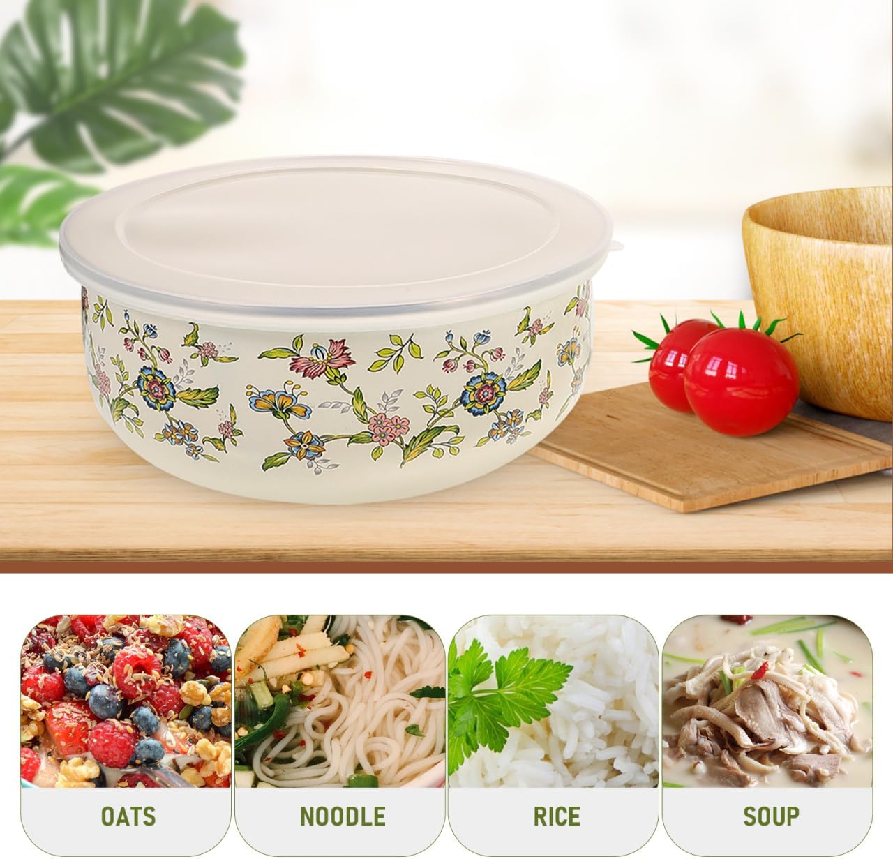 Cabilock 5pcs Enamel Bowls with Lids Mixing Bowls- Vintage Soup Bowl Storage Bowls Set Floral Design for Fruit Salad Pasta Dinner Kitchen