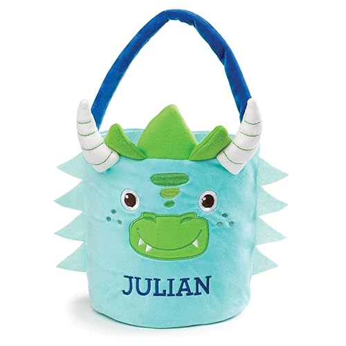 Bolsa de cubo de Pascua de dinosaurio personalizada con nombre personalizado | Bolsa de Pascua de felpa colorida con asa | Cesta de huevos suave