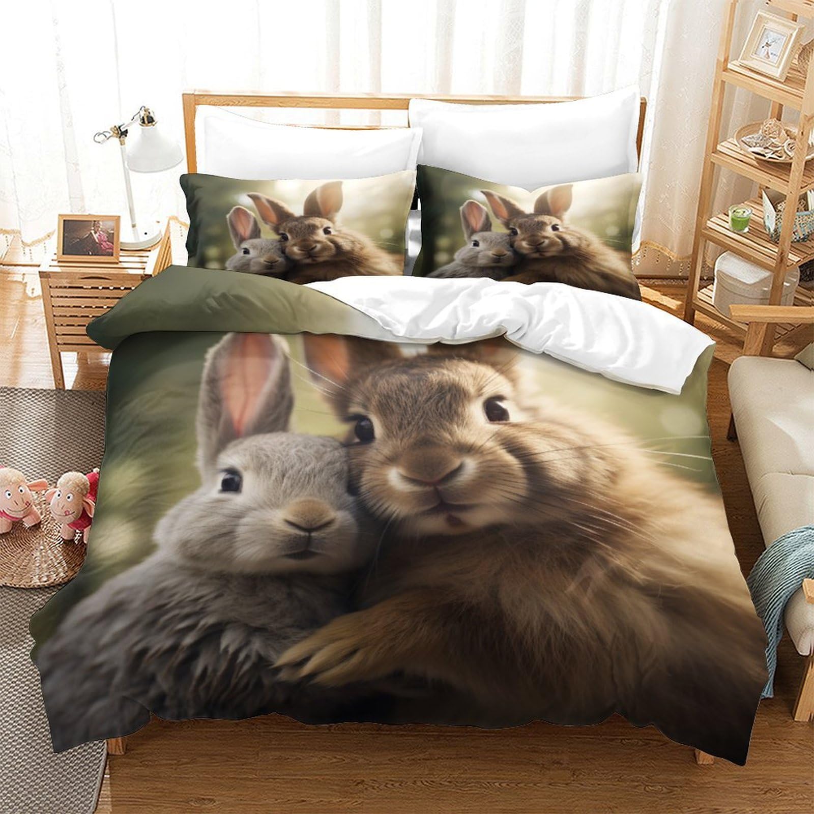 P1S9U7W5Y Cosy Animal Pattern 3D Printed Microfiber 3 Piece Duvet Cover Set Bedroom Decor Rabbit Bedding Set for Adults Teens King（220x240cm）