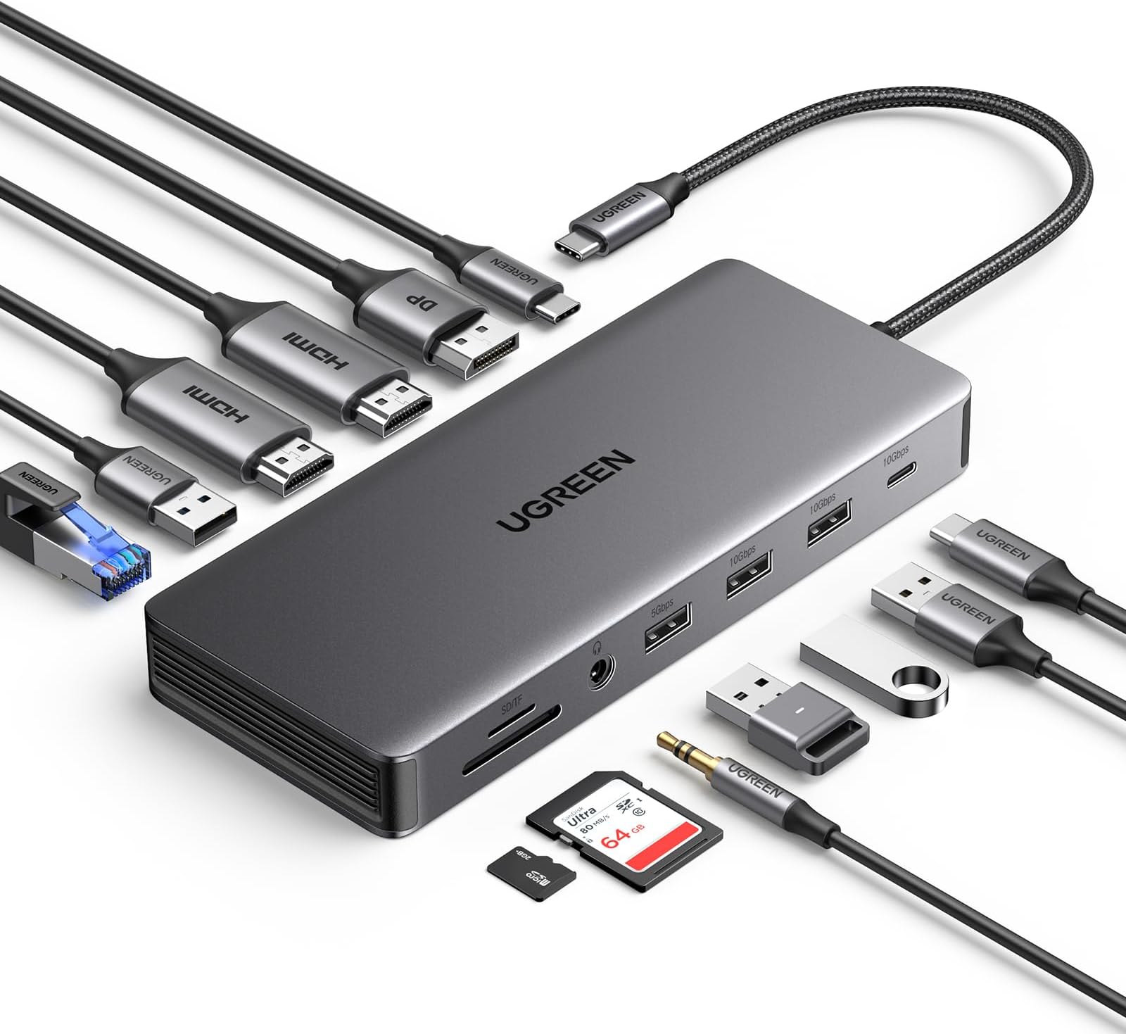 UGREEN Revodok Pro 313 USB C Docking Station 13-in-1 4K Triple Display Dual HDMI, DP, 10Gbps Type C Ports Dock 100W PD, Ethernet, 3.5 audio SD Card Reader USB Hub for Macbook Dell XPS Thinkpad