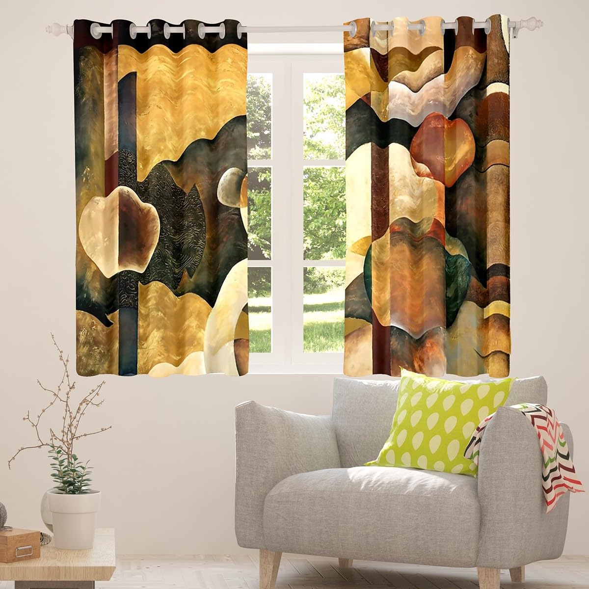 Tende per finestre marroni e blu tende geometriche per camera da letto soggiorno per bambini in lino con arti astratte 30% -50% tende oscuranti arancioni tendaggi per finestre, 132 x 160 cm (larghezza