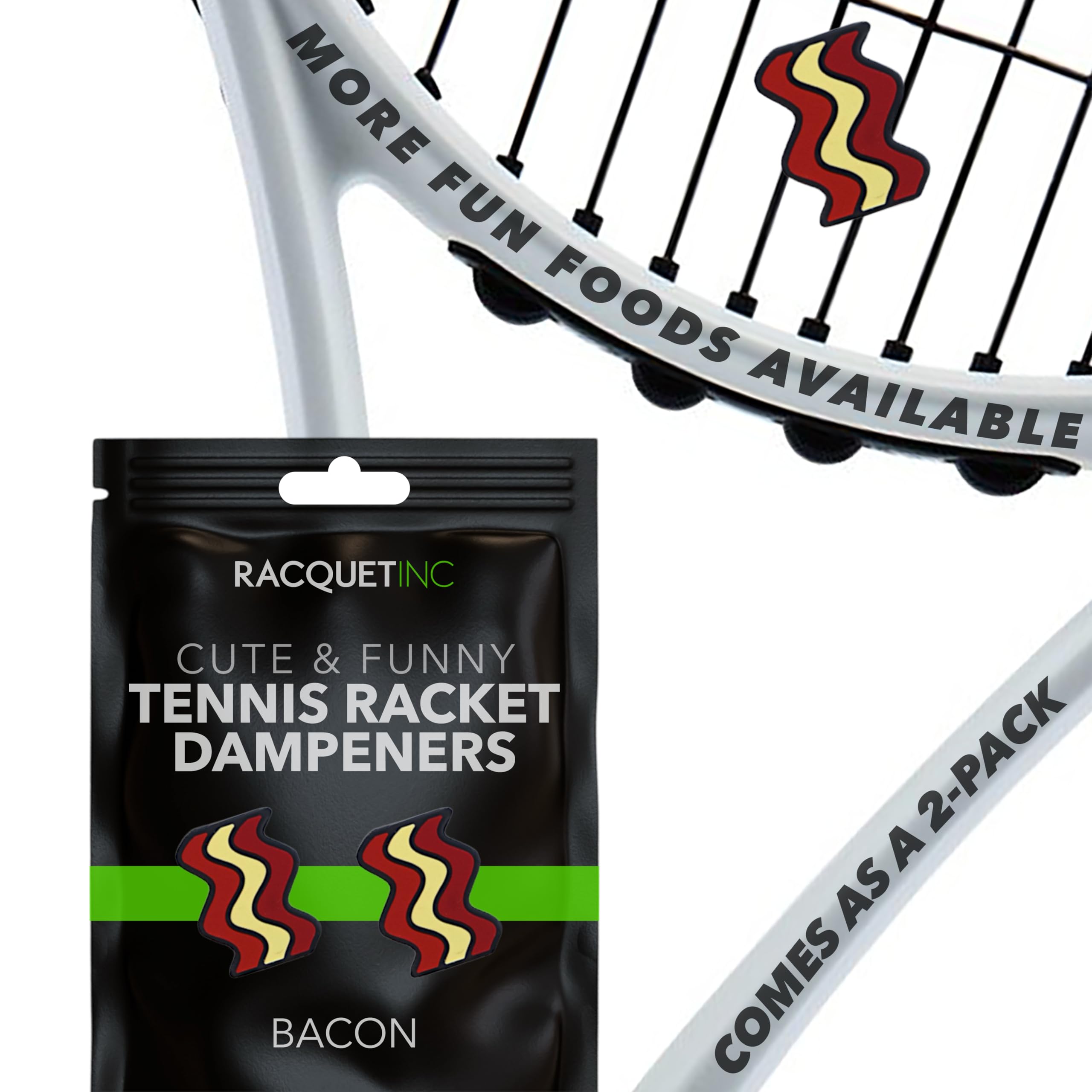 Racquet Inc. - Tennis Racket Vibration Dampeners - Shock Absorbing, Reduces String Vibration for Better Control & Comfort - Universal Fit for All Racquets - 2 Pack (Bacon) — image 1
