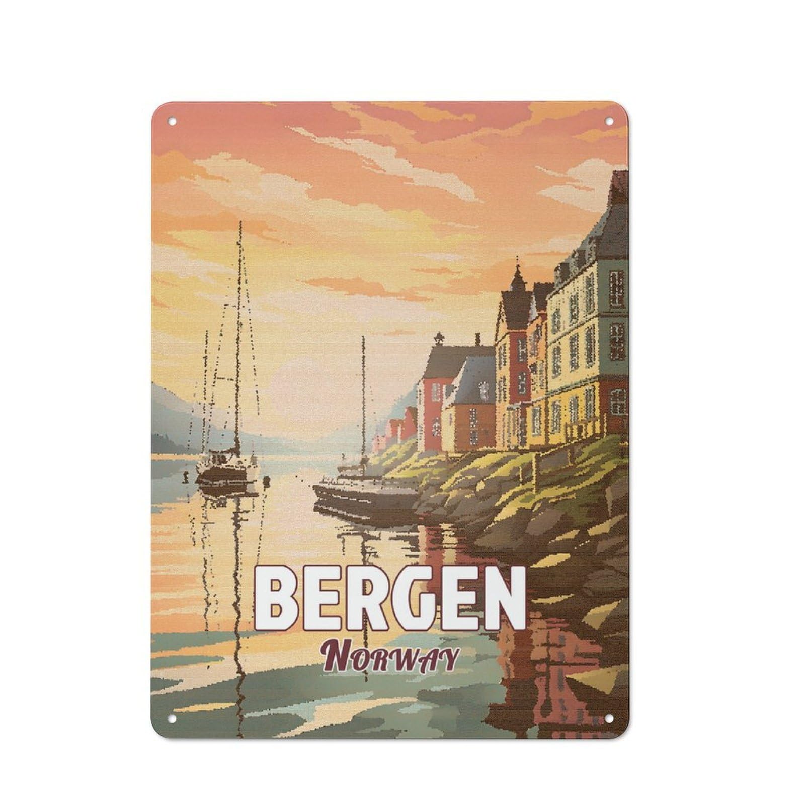 Junmoney Style Vintage Tin Sign 40X30cm With Bergen Norway Mosaic For Man Cave Or Games Room, For Winter Room Styling In Man Cave And Games Room