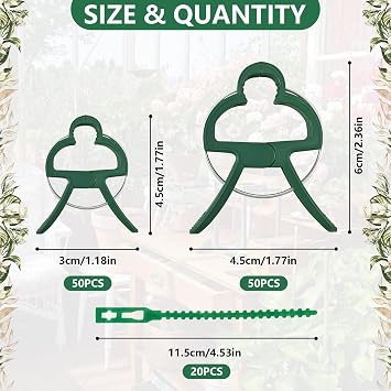 Garden Plant Clips with Adjustable Plant Ties, Plant Clips for Climbing Plants, Plant Support Clips for Vine Tomatoes Garden Vegetables (50 Large Clips, 50 Small Clips, 20 Ties)