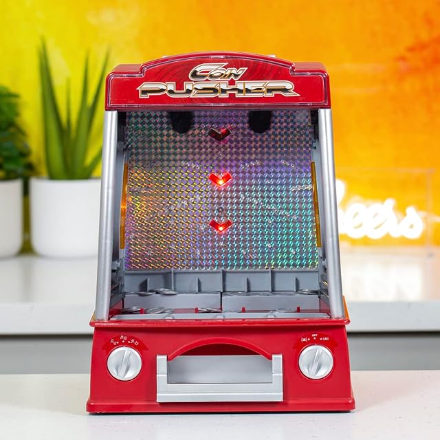 Global Gizmos 50130 Arcade Coin Pusher Machine / Novelty Seaside & Fairground Attraction / Battery Operated Kids Game, Red