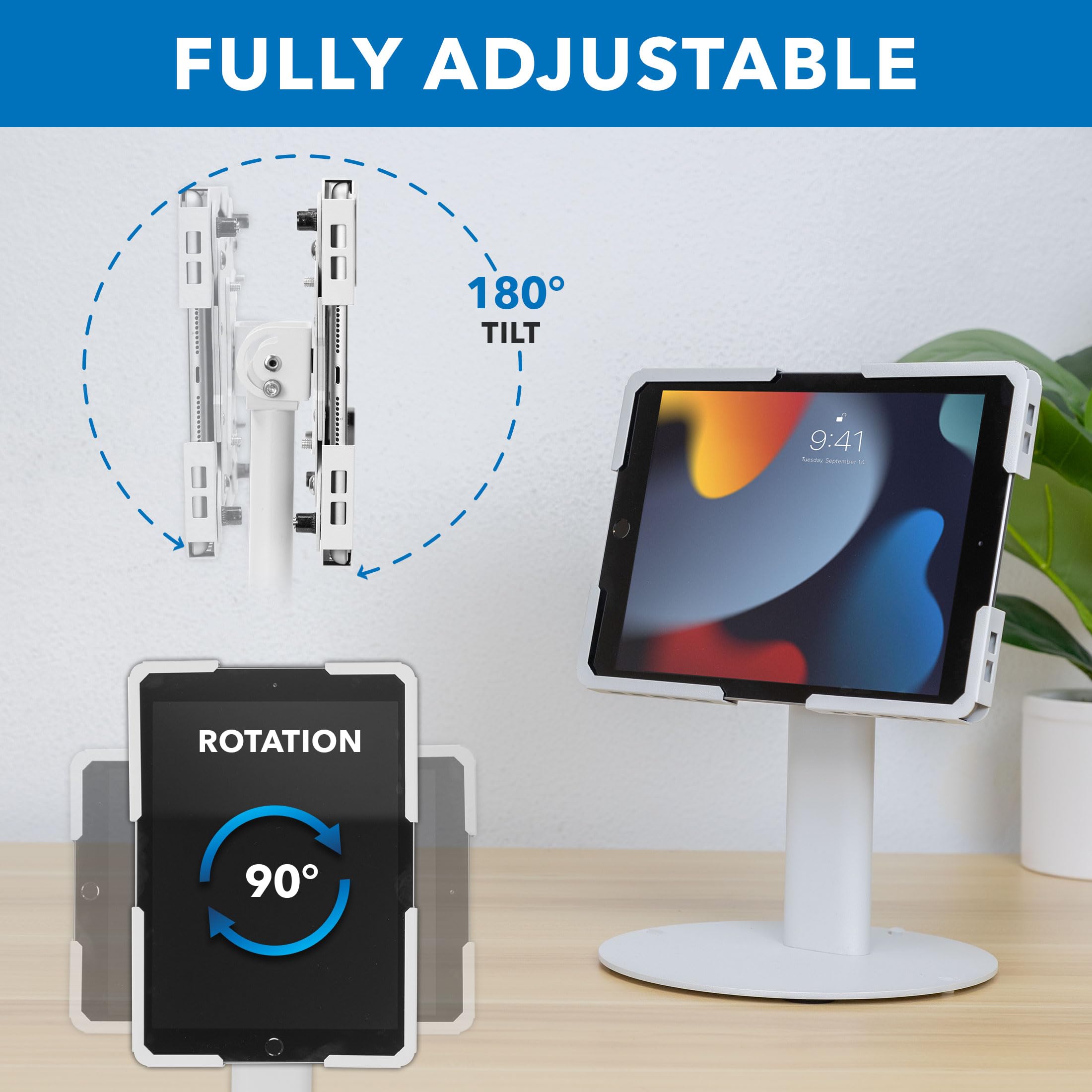 Mount-It! Soporte universal para tablet con inclinación, antirrobo, soporte para iPad POS, se adapta a tabletas de pantalla de 9.7 a 13 pulgadas, rotación de 90° para visualización vertical y