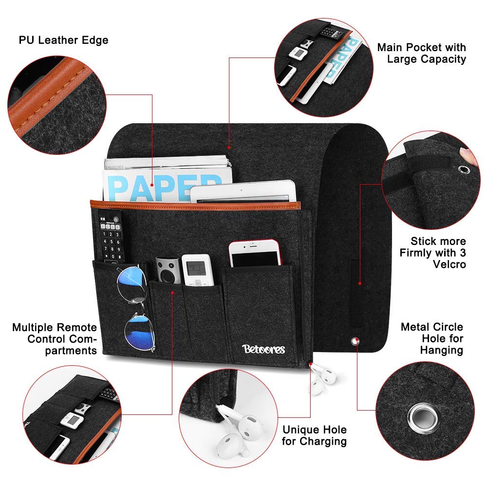 Organizer per Bracciolo Divano, Portaoggetti da Appendere per Letto o Divano con 6 Tasca, Organizzatore Divano per iPad, Tavoletta, Riviste, Cellulare, Occhiali, Matita - Grigio Scuro