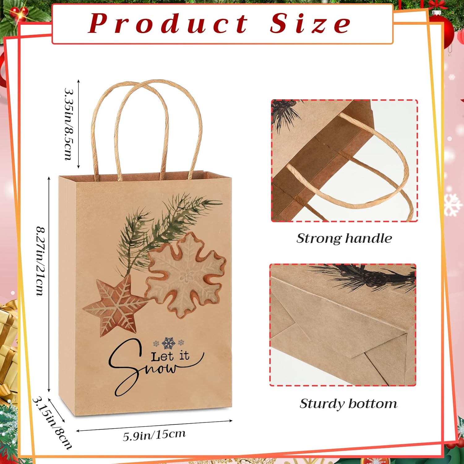 Tenceur 20 Pcs Christmas Gift Bags Bulk with Handles Reusable Kraft, Holiday Vintage Small Paper Christmas Bags for Gifts for Xmas Stuffer Candy Present Wrapping, 8.27 x 5.91 x 3.15 Inches (Brown)