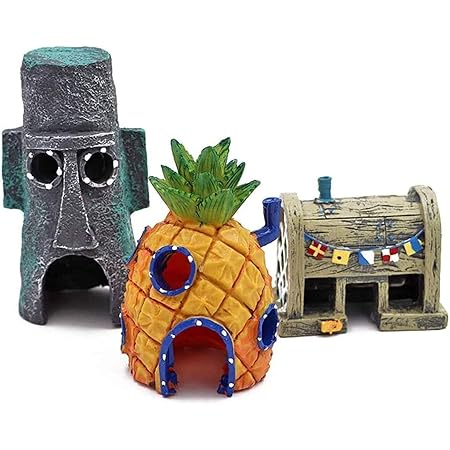 Amazon Co Jp 3点セット パイナップルハウス イカルドの家 鑑賞魚 隠れ家 飾り 金魚 アクアリウム 水槽用飾り スポンジボブ ペット用品