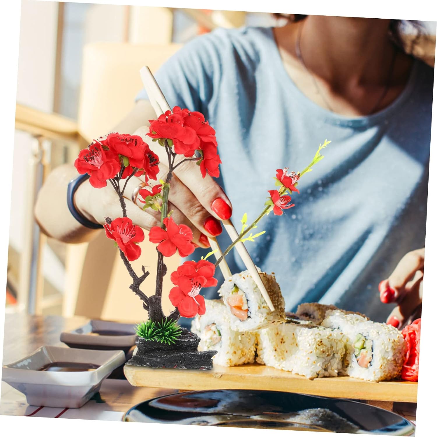 VICASKY Sushi Plate Ornament with Red Decorative Flower for Restaurants