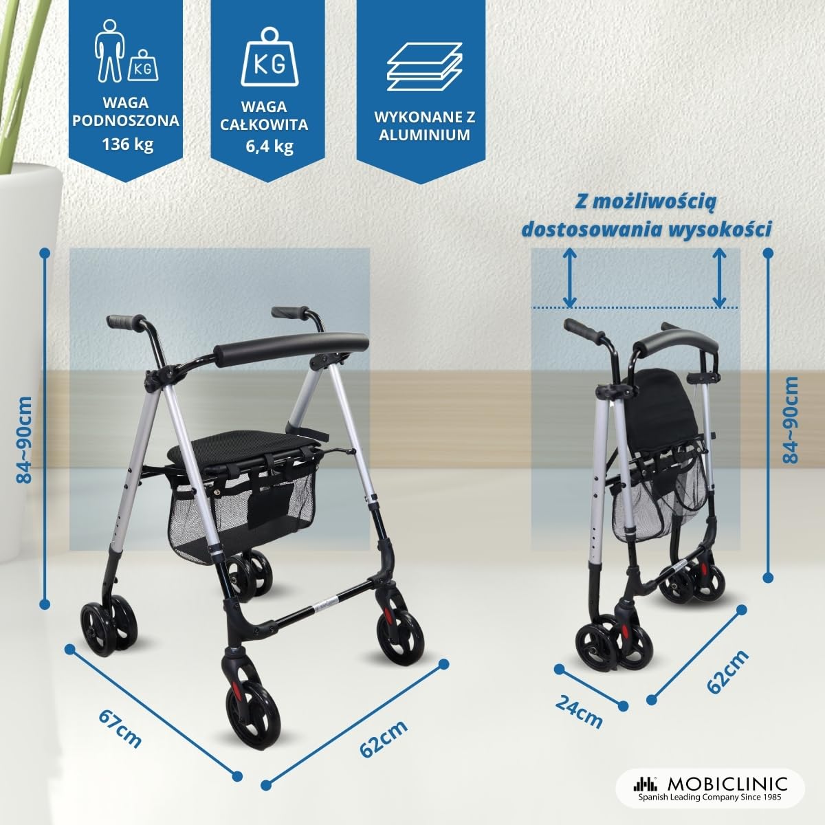 Podpórka czterokołowa | aluminium | Siedzisko i oparcie | ciśnienie hamowania | 4 koła | Premium | Dehesa | Mobiclinic