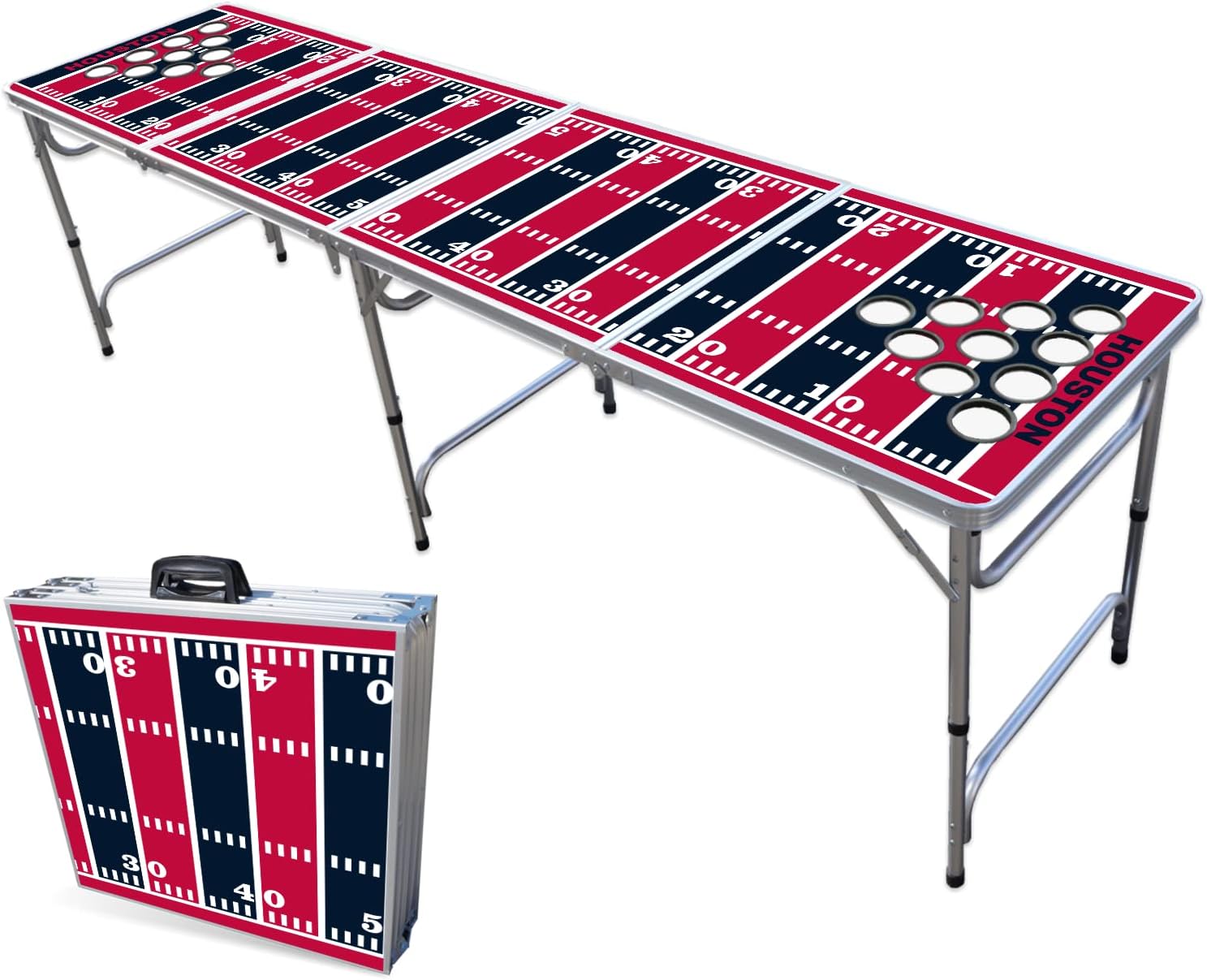 8-Foot Folding Portable Pong Table w/Free HEXCUPs & Optional Cup Holes & LED Lights - Houston Football Field (Choose Your Model)