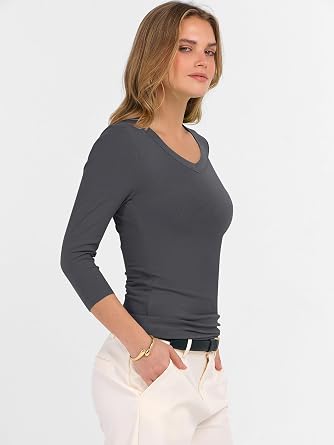 ANRABESS Womens 3/4 Length Sleeve Ribbed Knit Tops&Shirts, V Neck Slim Fit Soft Medium Stretch, Summer Casual Basic Outfits